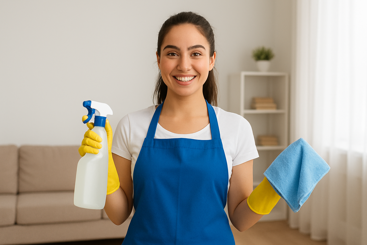 Clean living room and smiling cleaner
